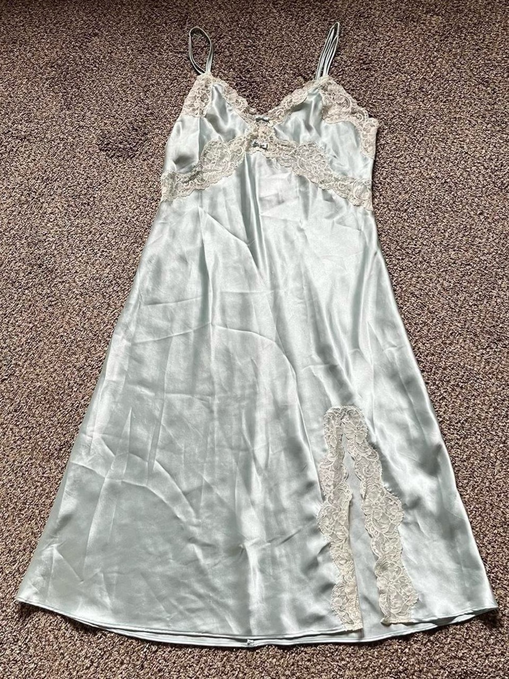 Inner Most minty green + ivory lace midi slip dress